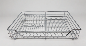 Pull-out cabinet basket with plate and bowl support sections