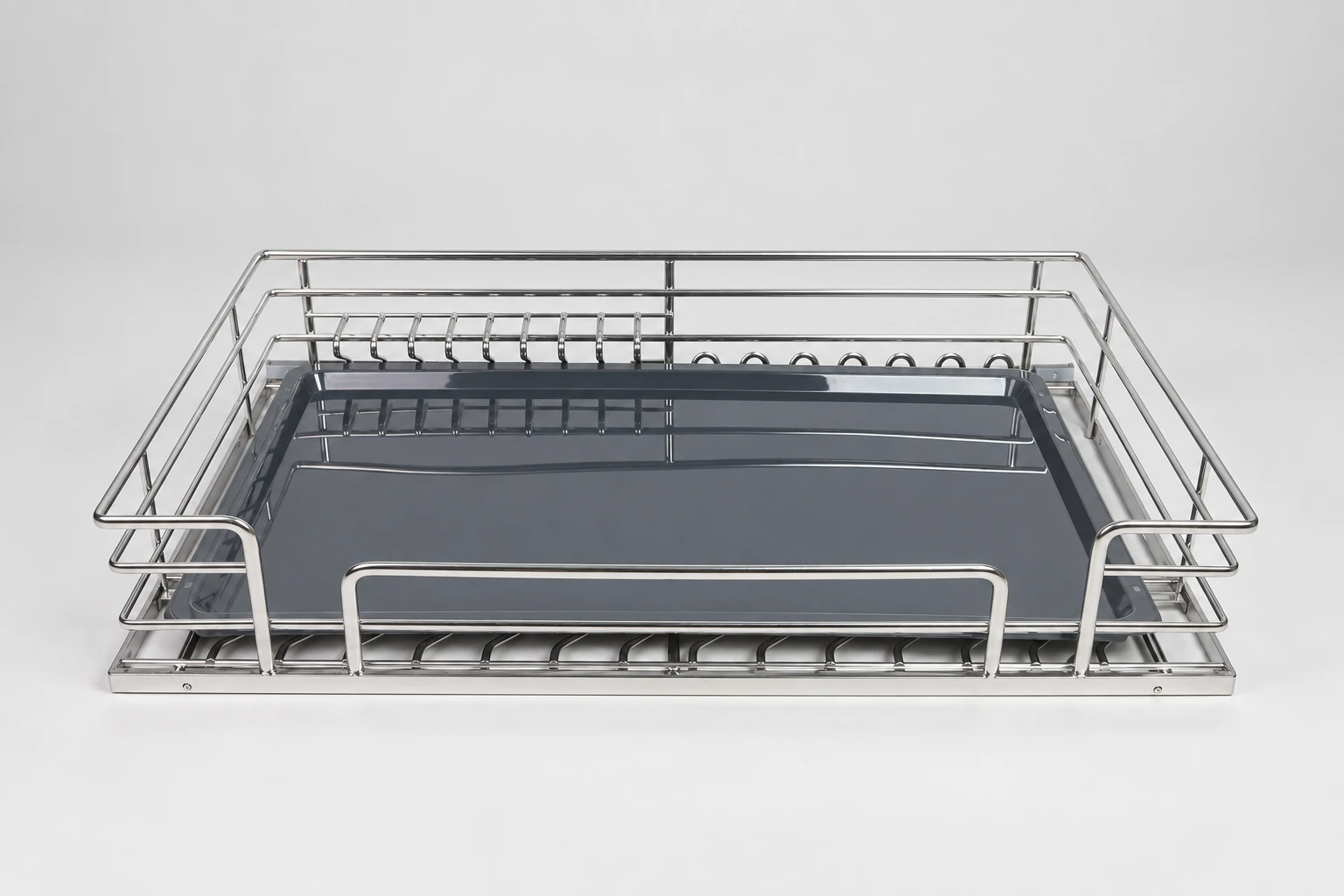 Oval-wire cabinet basket with a gray tray and lowered front opening