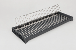Oval-wire cabinet plate rack with a dark drip tray