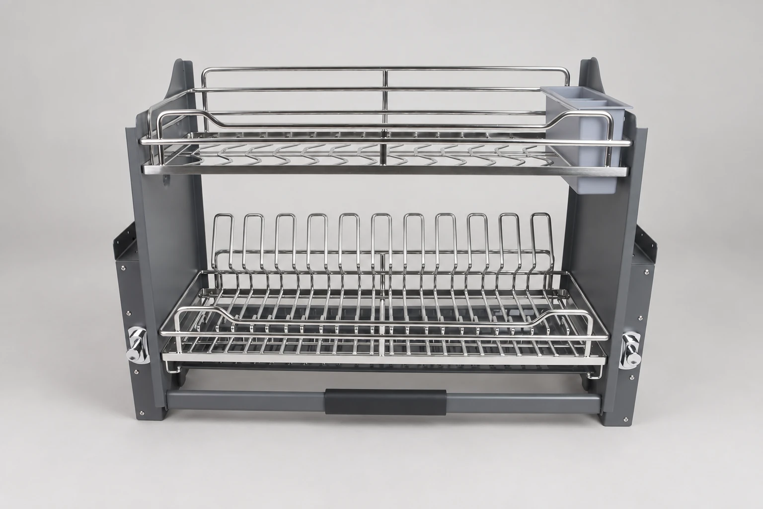 Two-tier pull-down cabinet dish rack with a front handle