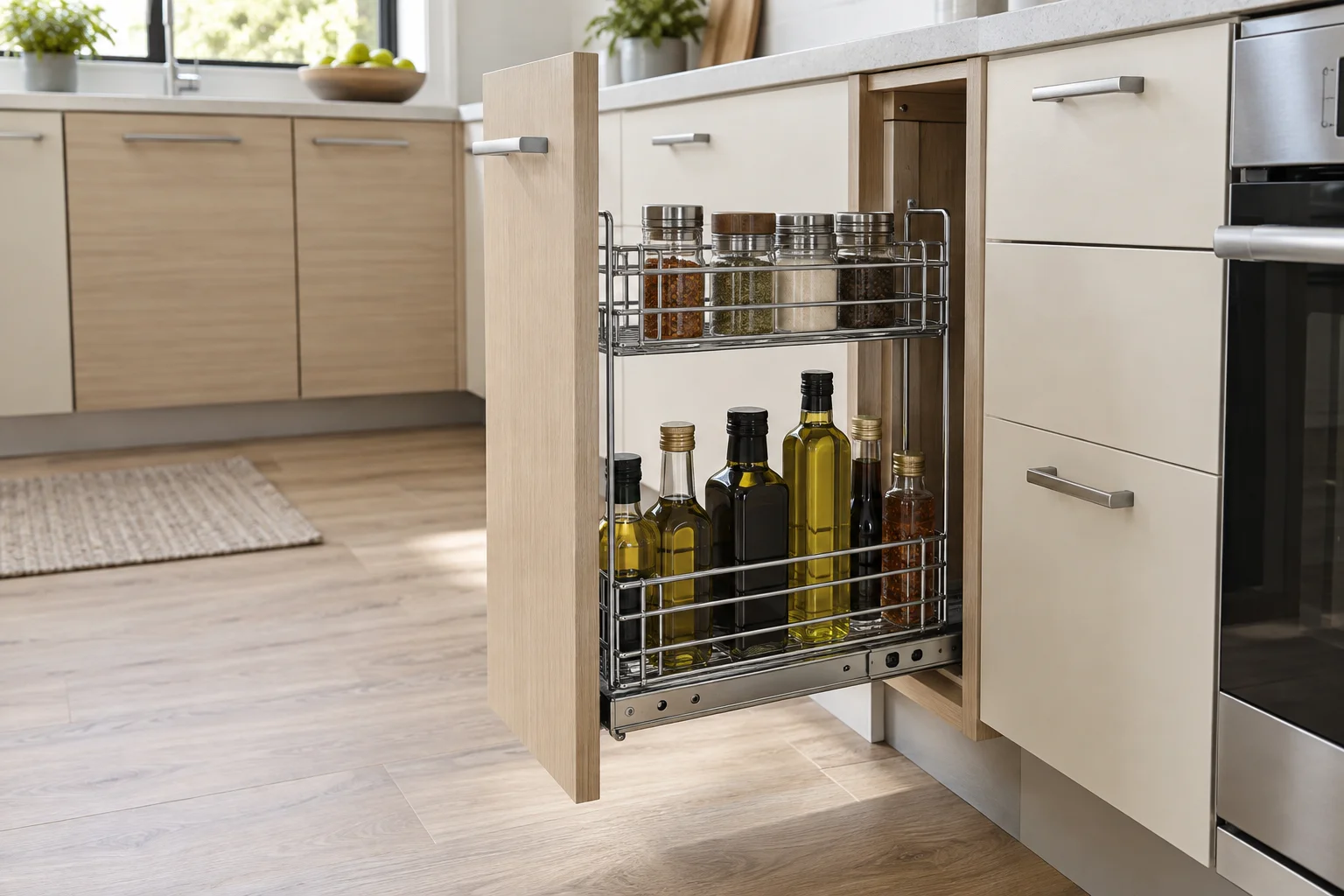 Pull-out spice rack with two wire baskets inside a base cabinet