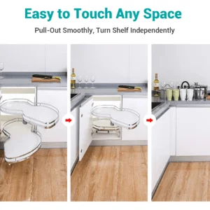 Blind corner shelves shown in extended, partly retracted and closed cabinet positions